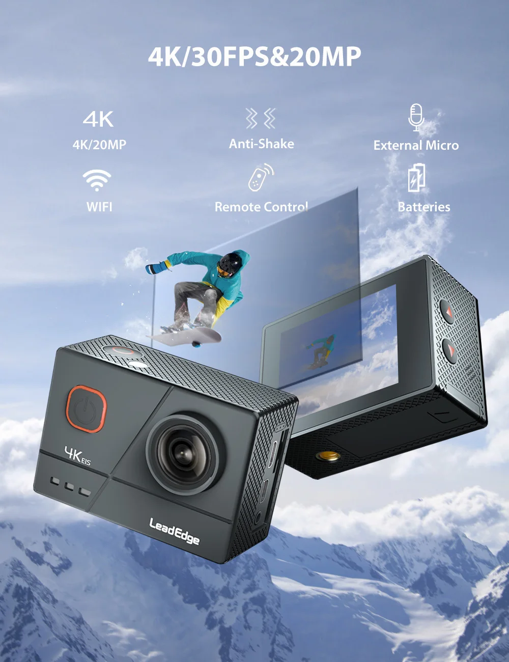 Фото Экшн-камера LeadEdge 4K/30FPS 1080P/60FPS 20MP EIS Anti-Shake Внешний микрофон WiFi Remote Diving 40M Экшн-камера LeadEdge 4K/30FPS 1080P/60FPS 20MP EIS Anti-Shake Внешний микрофон WiFi Remote Diving 40M