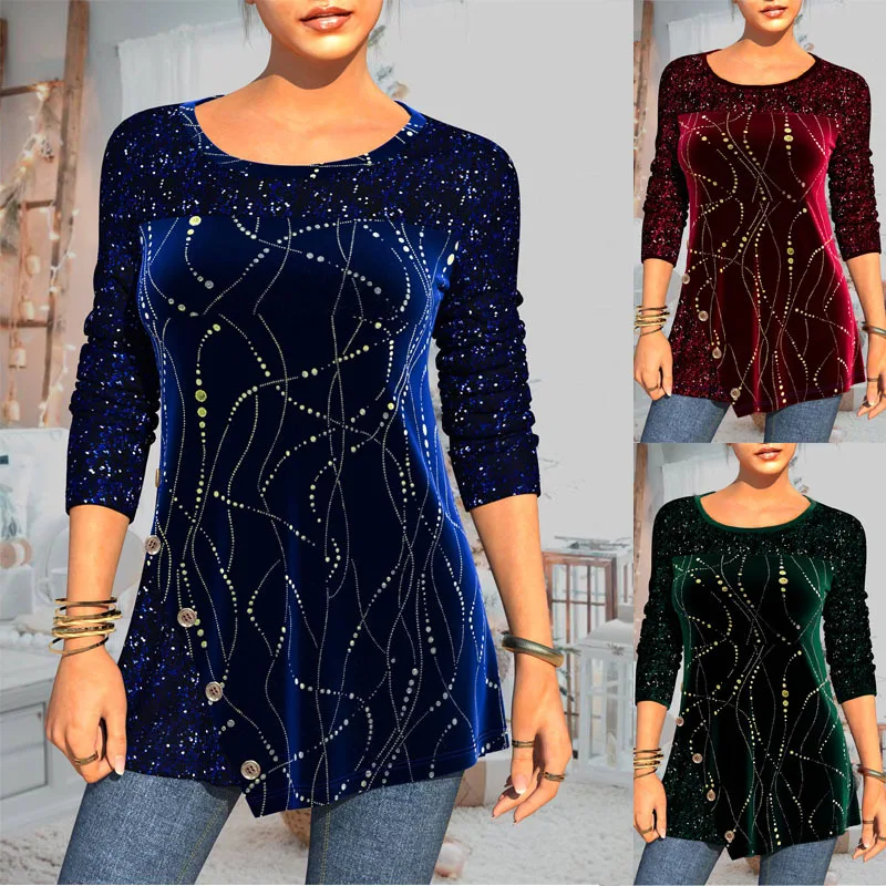 

2022 women's long-sleeved sequins printed pullover loose round neck street hipster t-shirt female spring and fall casual top