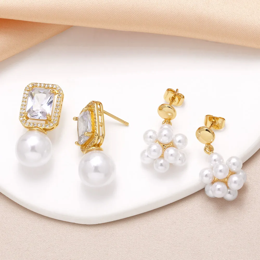 FLOLA изысканные серьги с белым жемчугом и цветком для женщин CZ Кристалл