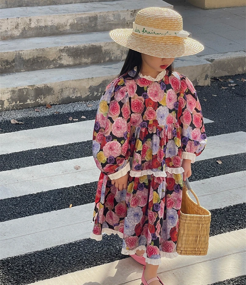 

Платье для девочек, весна-осень 2023, платье в Корейском стиле для девочек с пастельным цветочным принтом, платье с длинным рукавом и юбкой с о...