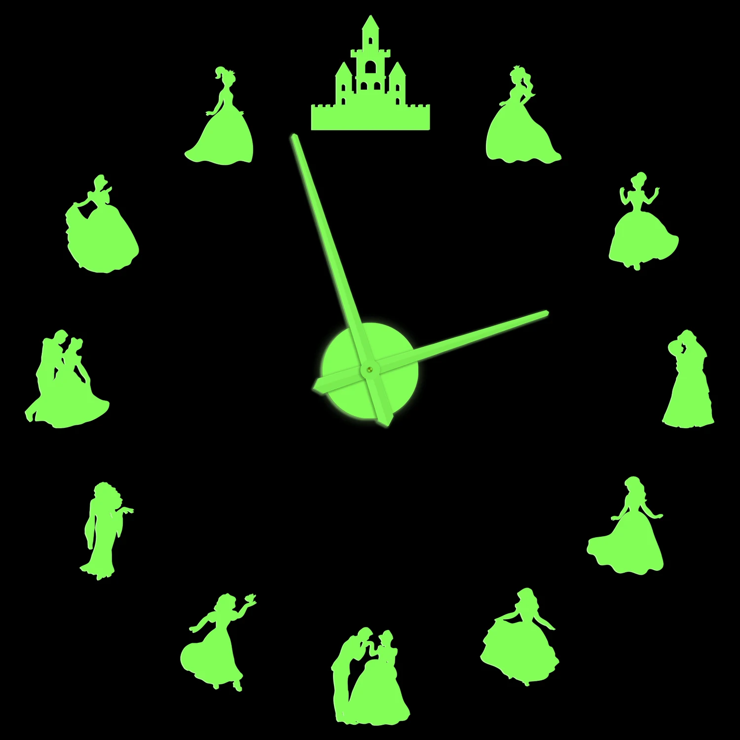 Prince & Princess Silhouettes DIY Giant Mute Wall Clock For Girls Bedroom Fairytale Style Home Stickers Decor Watch Glow In Dark