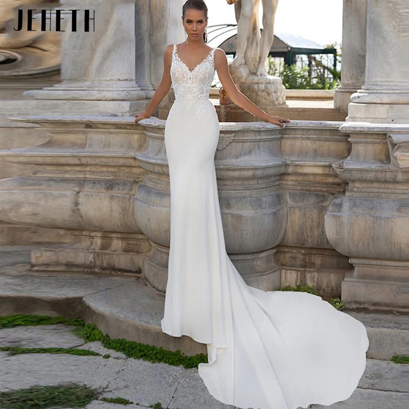 

JEHETH Delicate Lace Appliques Wedding Dresses Sexy Sleeveless Mermaid Bridal Gown 2023 Elegant V-neck Backless Vestido De Novia