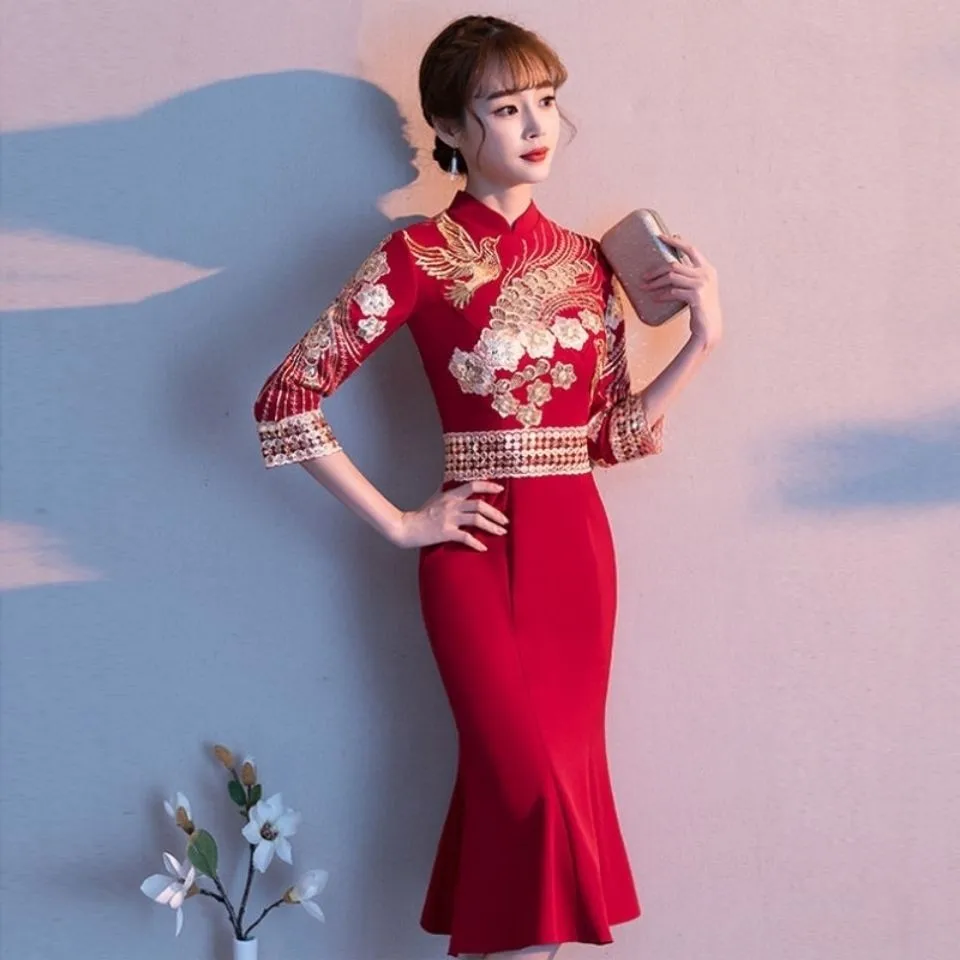 

Modern Chinese Traditional Wedding Fishtail Cheongsam Bridal Red Elegent Toast Dress Medium Long Oriental Style Evening Dresses