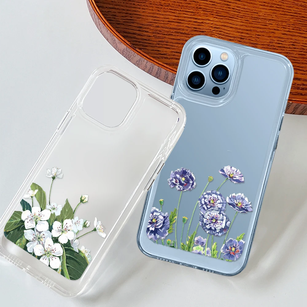 

Clear Shell Flower Phone Case for iPhone 14 13 12 11 Pro Max Mini XS XR X Protection Back Cover for iPhone14ProMax Floral Coque