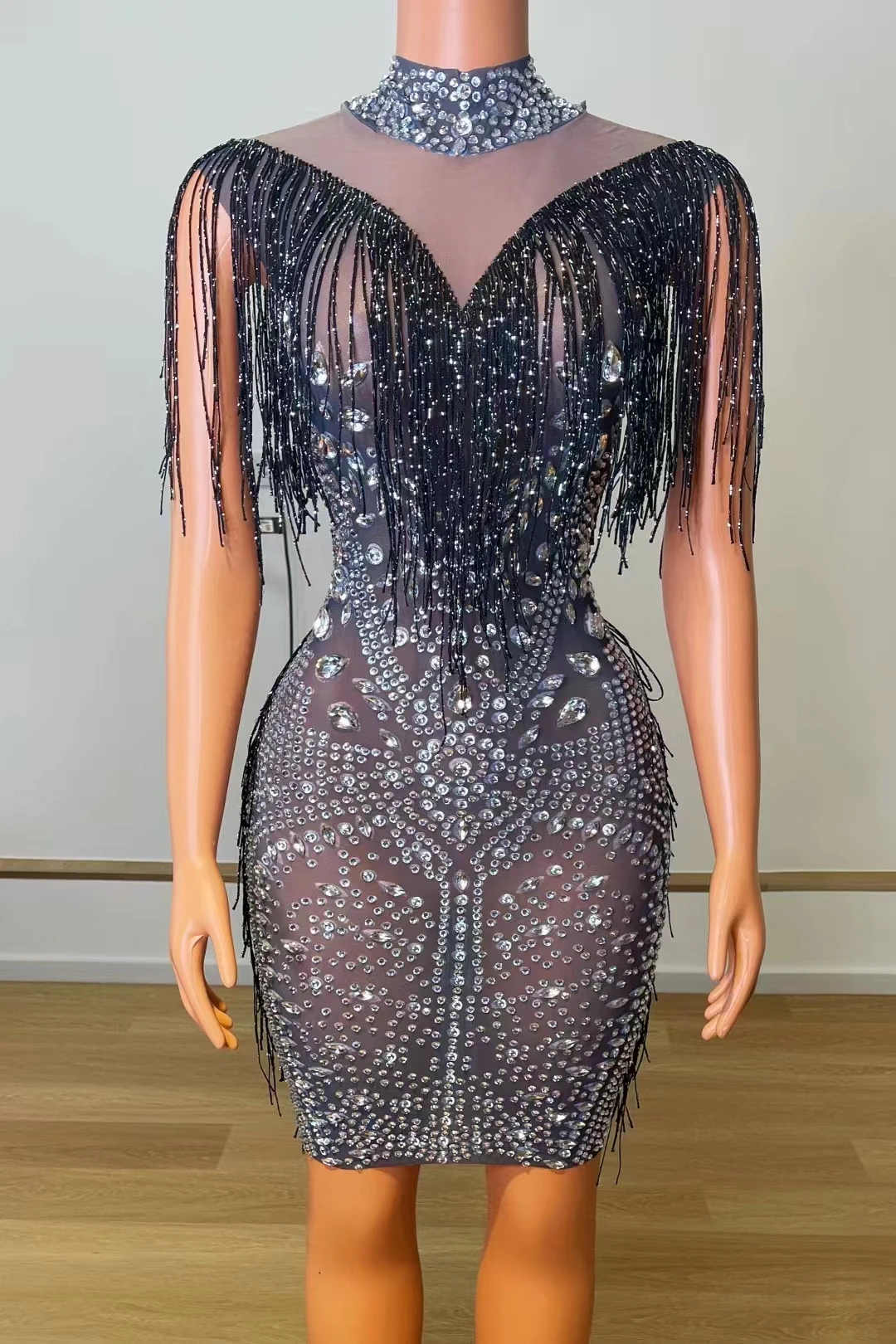 

Women Singer Star Sparkly Rhinestones Mesh Tassel Bodycon Dress Concert Transparent Sexy Stage Costume Prom Party Birthday Dress