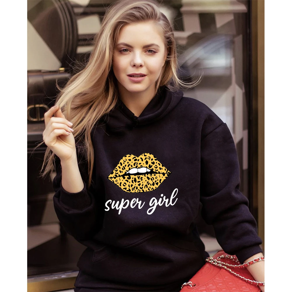 

NO14 Women Hoodies Super Girl Print Sweatshirts Autumn Female Fleece Casual O-Neck Pullover Woman Clothes Tops