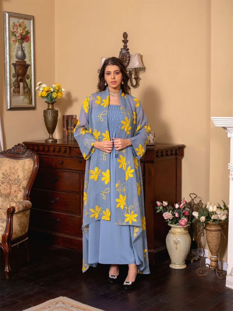 Elegant Casual Women's Dresses Abayas For Women Muslim 2 Pieces Set Mesh Floral Embroidery Lace Belted Kaftan Dress Moroccan