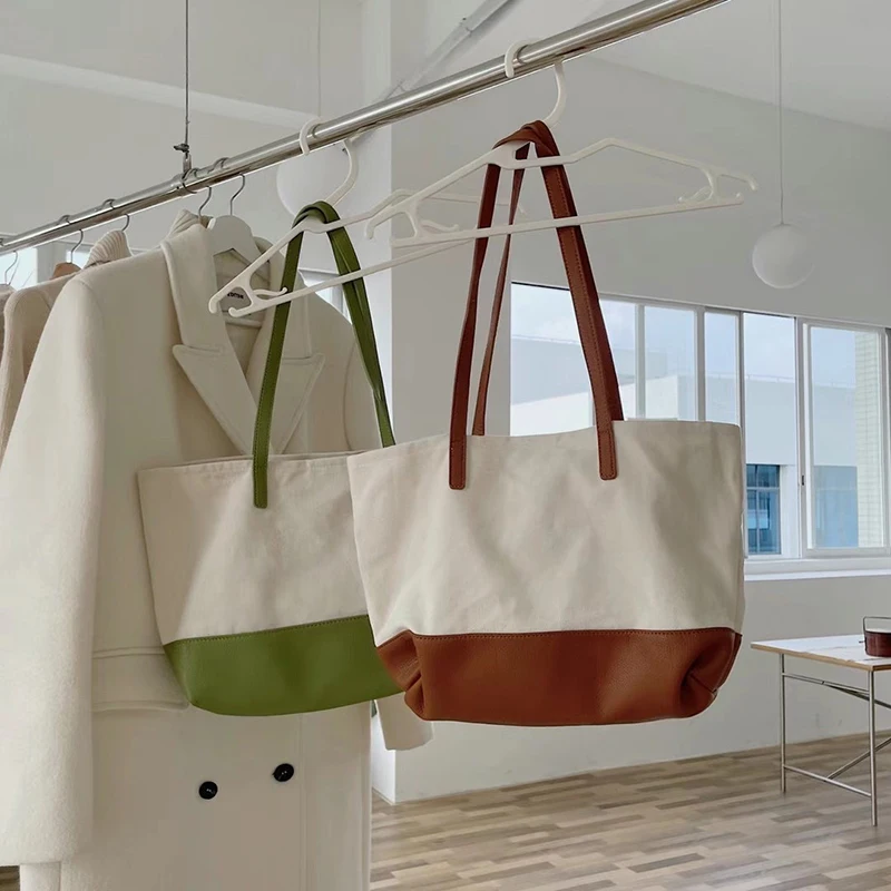 

Canvas bag women's summer bag 2021 new color contrast large capacity One Shoulder Tote Bag Shopping Bag