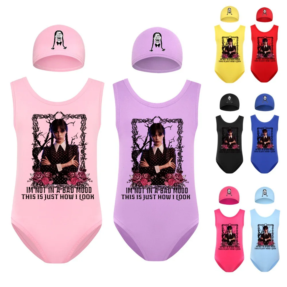 

1~14Y Toddler Wednesday Addams Girls Swimsuit one piece Children Swimwear Girls Swimming outfits Kids Beach wear