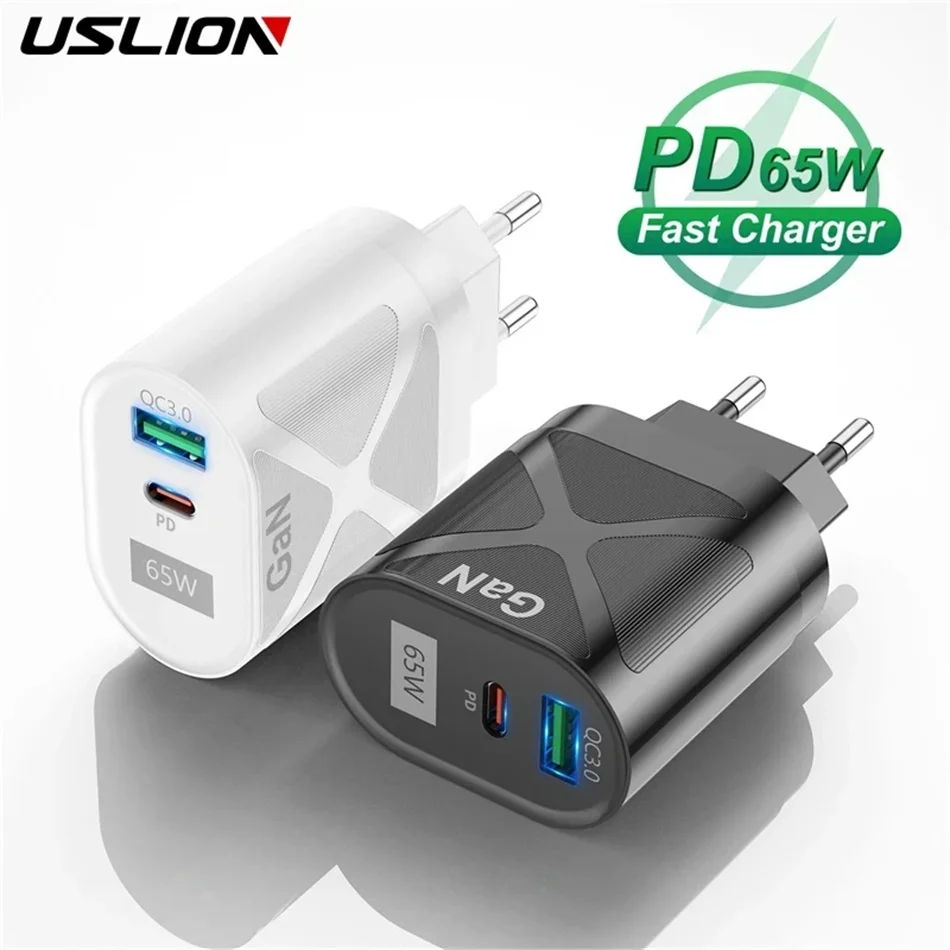 

USLION 65W GaN USB C Charger Quick Charge KR AU EU US Plug PD USB-C TypeC Fast Charger For iPhone 14 Xiaomi Samsung S22 Macbook