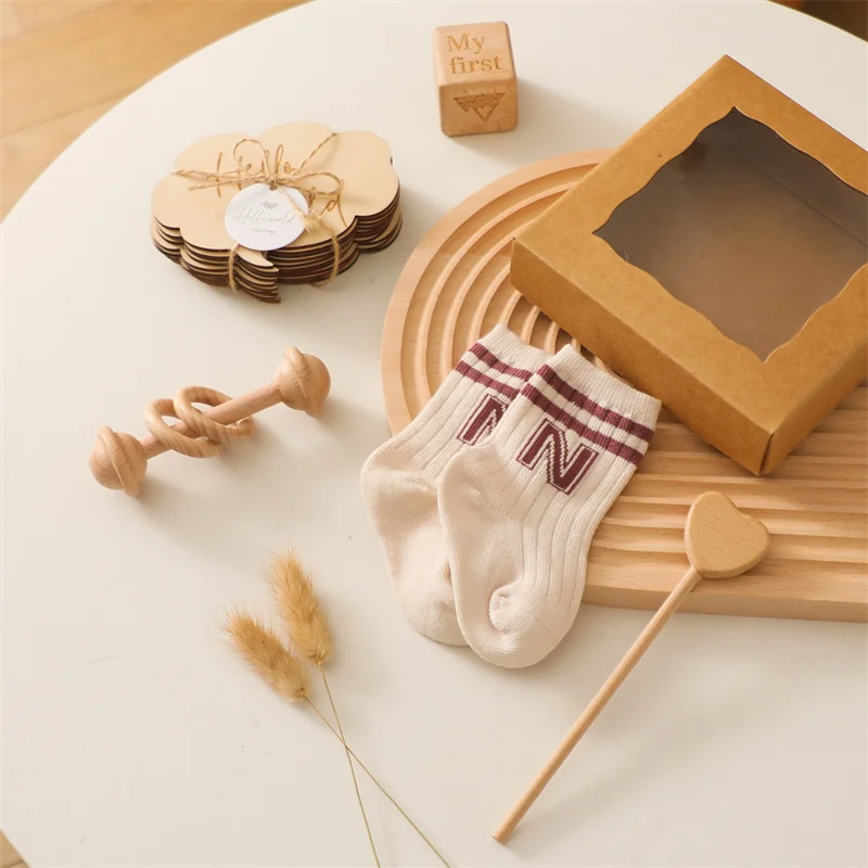 Baby Wooden Milestone Card Bath Toys Set  Wooden Star Stick Crochet Rattle Teether Toys Newborn Photography Props Accessories
