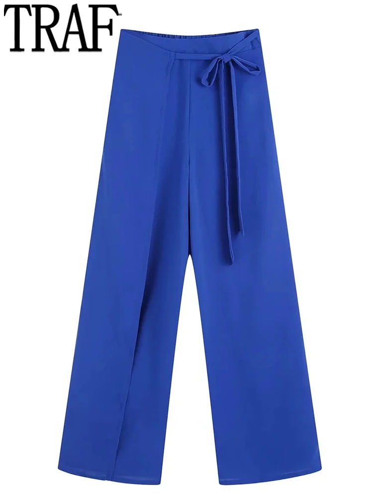 

TRAF Women Pants Wrap Blue Wide Leg Pants Woman High Waist Casual Baggy Pants For Women Y2k Streetwear Tied Summer Trousers