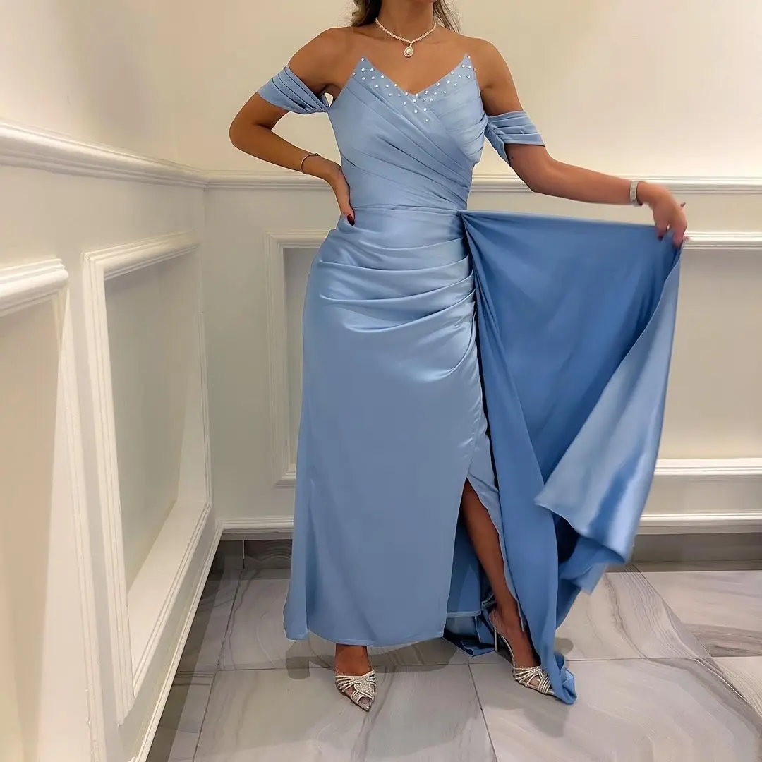 

Light Blue Satin Long Prom Dresses Mermaid Beadings Pleated Ankle Length Side Split Saudi Arabia Women Evening Party Dress