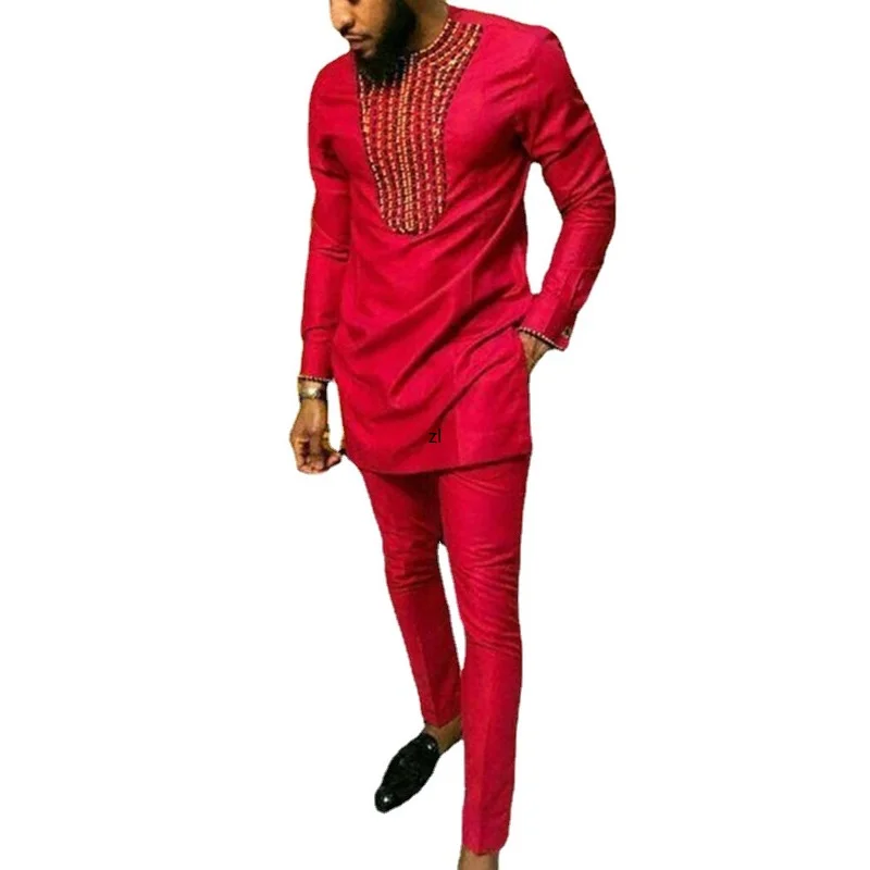 

Mens Cothing Outfits Sets Autumn Striped Print Casual dashiki ethnic style medium and long two-piece suit O-Neck pant and shirt