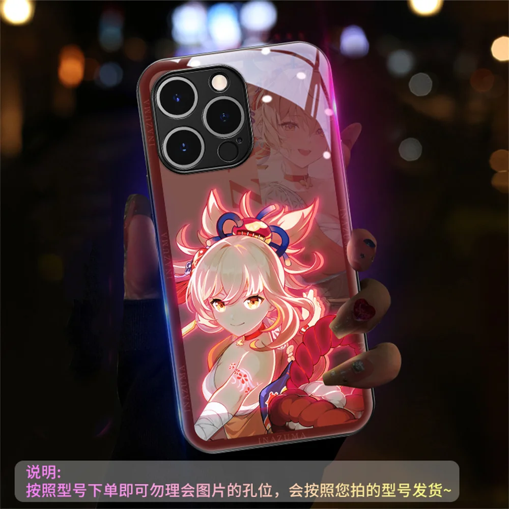 Фото Крутой чехол для iPhone Air 17 16 15 14 13 12 11 Pro Max Plus с мультяшным рисунком Genshin, умной LED-подсветкой и закаленным стеклом №3