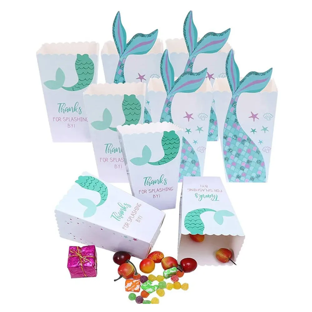 

6Pcs Mermaid Popcorn Boxes Blue Candy Gift Paper Box Kids Favors Mermaid Birthday Party Decoration Baby Shower Supplies