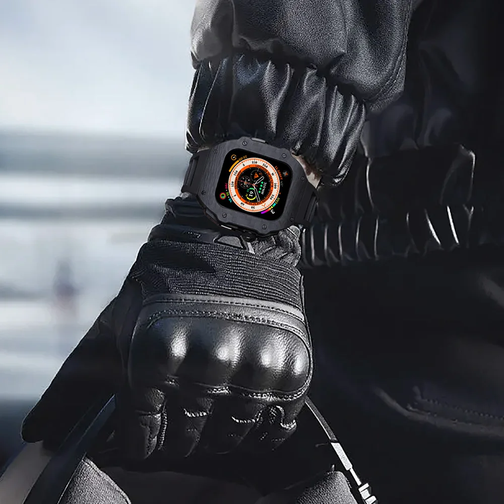 Carbon Fiber Modification Kit For Apple Watch Case Ultra 49mm For iWatch 8 7 6 5 4 SE 45mm 44mm Fluorine Rubber Band Luxury NEW