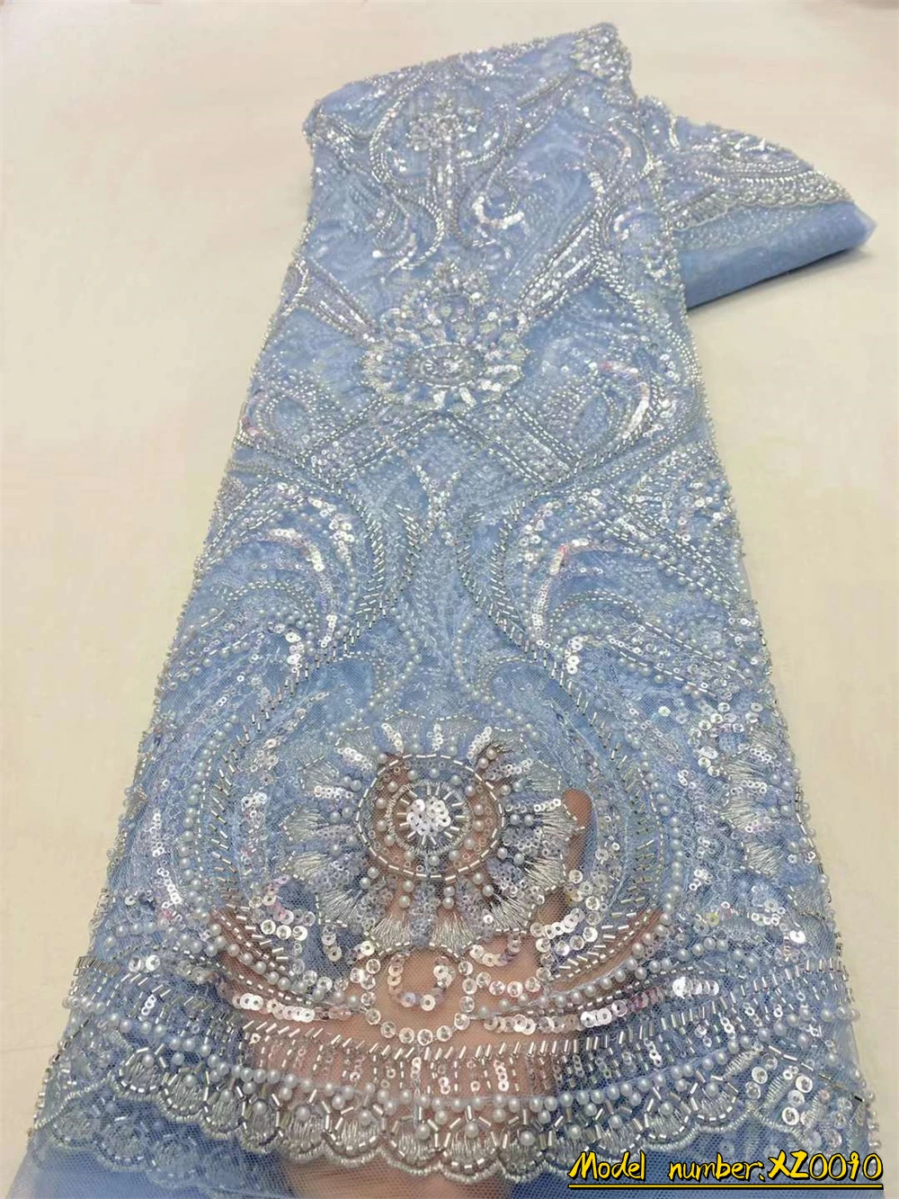 

Luxurious African Groom Sequins Lace Fabric High Quality 2023 Heavy Beads Embroidery French Tulle Lace Nigerian Wedding Dress