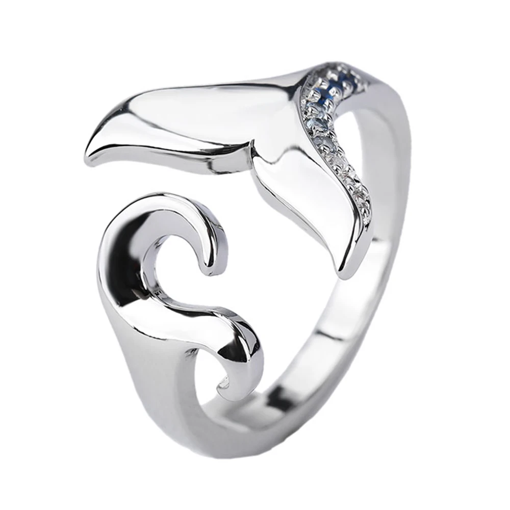 Poulisa Opening Ring 925 Sterling Silver Round Cut Cubic Zirconia Dolphin Open Rings 18K White Gold Plated Hypoallergenic Women