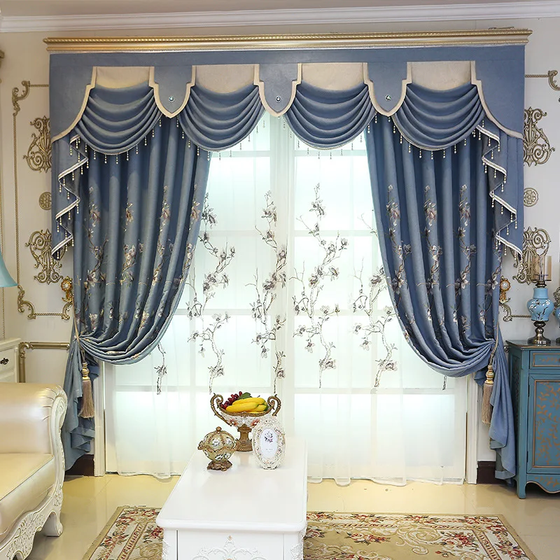 

Luxury New Chinese Curtains for Living Room Bedroom Indigo Peony Blackout Curtain Blue Embroidered Window Screen Curtain Valance