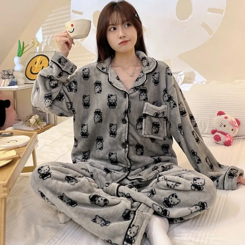 

Sanrio Kawaii Hellokitty аниме мультфильм почтовые коралловые бархатные пижамы зимняя утепленная домашняя одежда для девочек подарок на день рождения милый