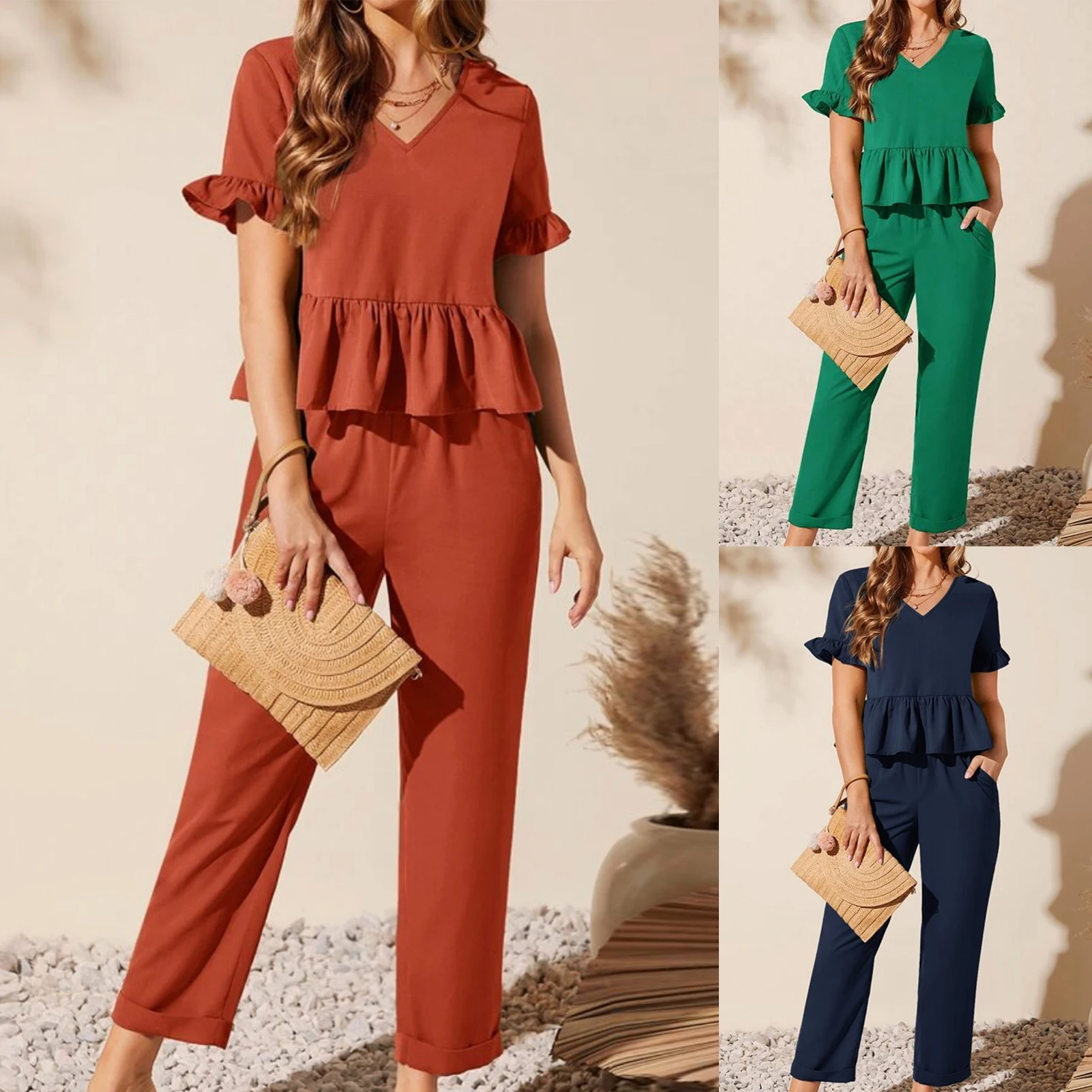 

Summer Short Sleeve Women 2 Piece Straight Pants Set with Pockets Flounce Sleeve Solid Color Loose Fit Casual Style Daily Outfit