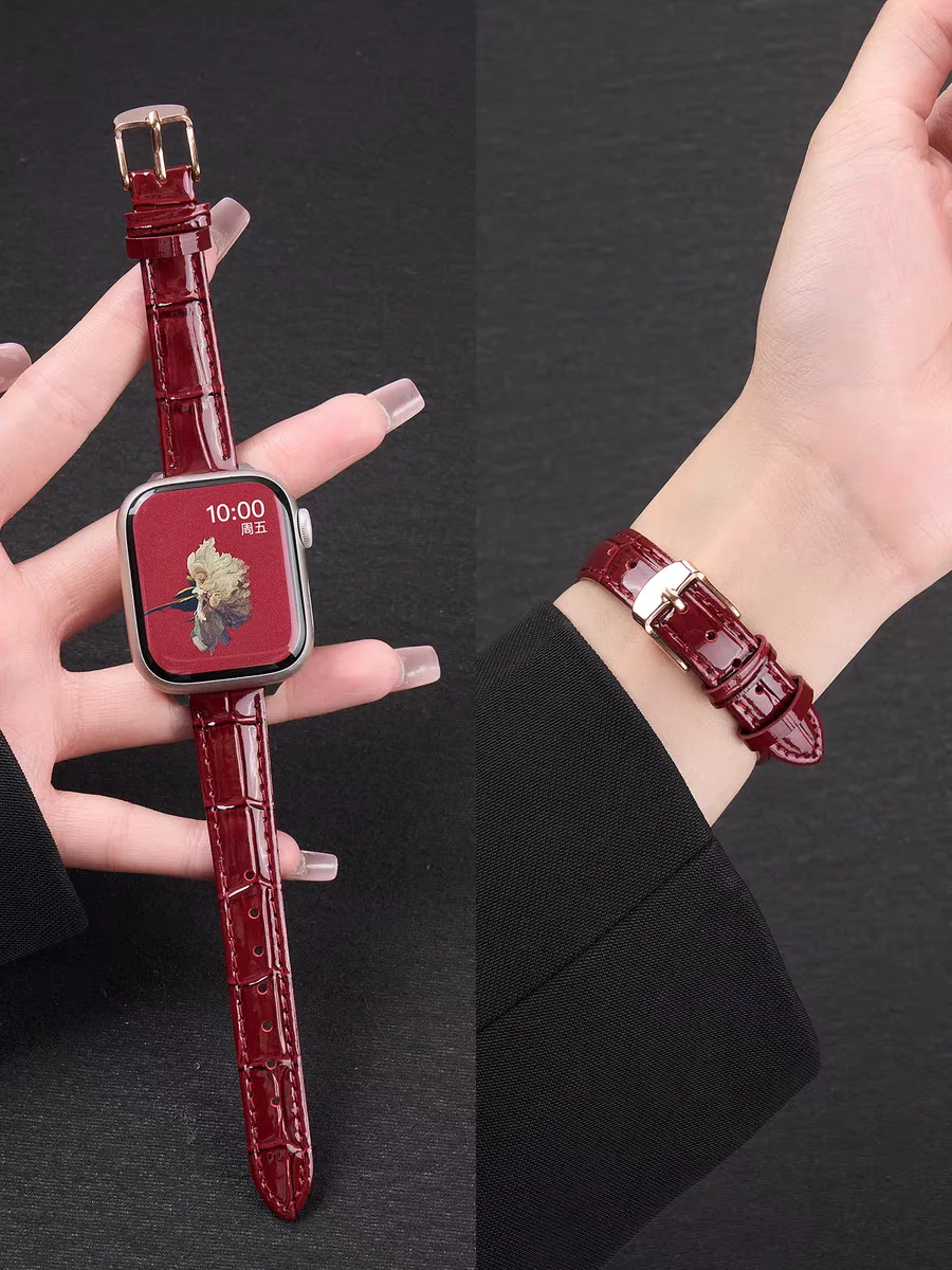 Фото Отличный тонкий кожаный ремешок для Apple Watch, женский, для моделей Ultra 11/10/9/8/7/6/5/4/3/2/1 SE, размеры 38 мм, 40 мм, 41 мм, 42 мм, 44 мм, 45 мм, 46 мм. №1