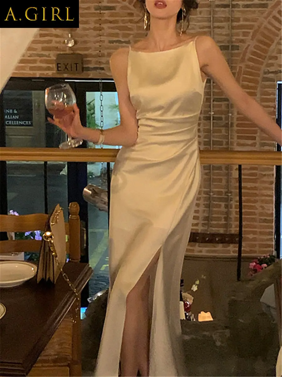 

A GIRLS Strapless Dress Women Elegant Summer Evening Party Lady Vestido Vintage Spring Female Clothes Midi Satin Dresses