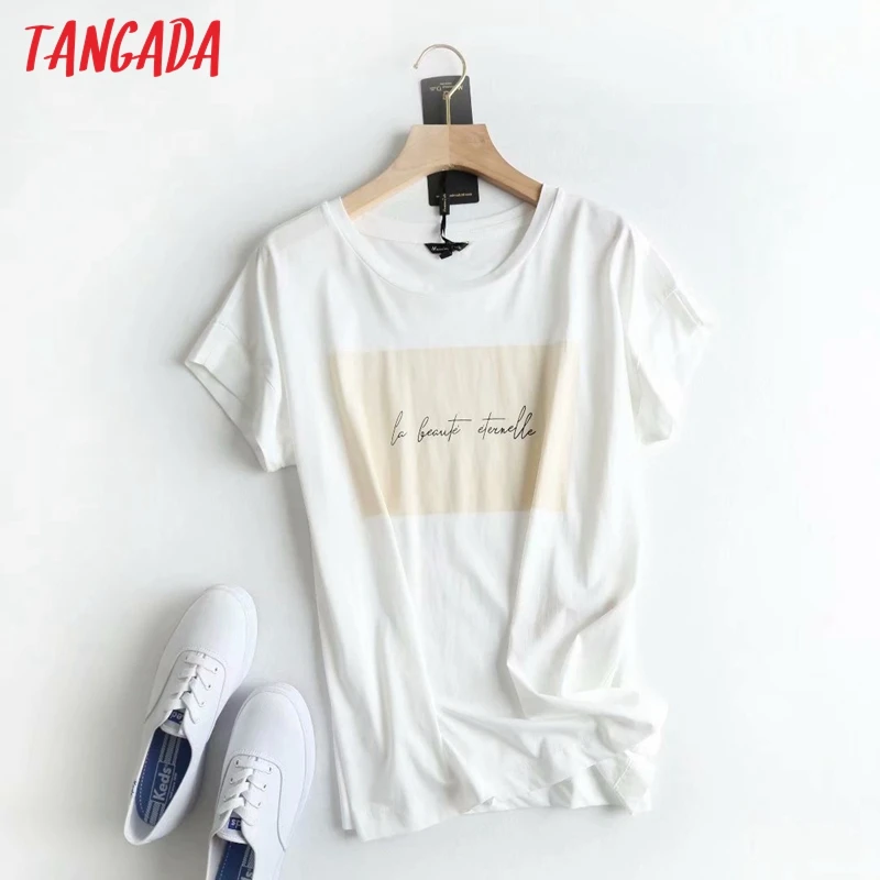 

Tangada women print white cotton T shirt short sleeve O neck tees ladies casual tee shirt street wear top 6D1