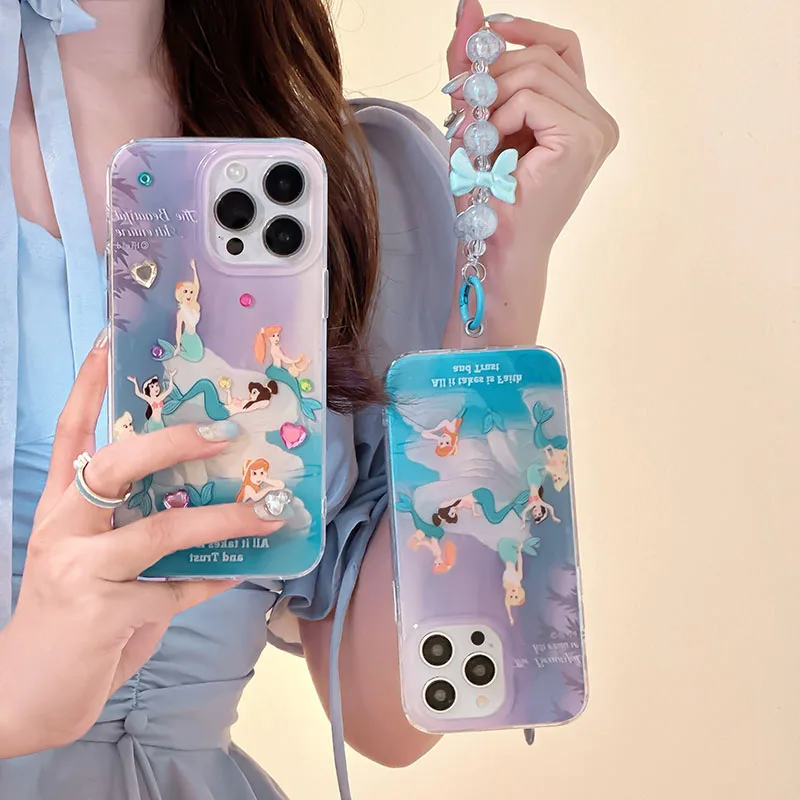 

Disney The Little Mermaid Princess Phone Cases For iPhone 14 13 12 11 Pro Max XR X XS Plus Anti-fall Cover Pendant With Beads