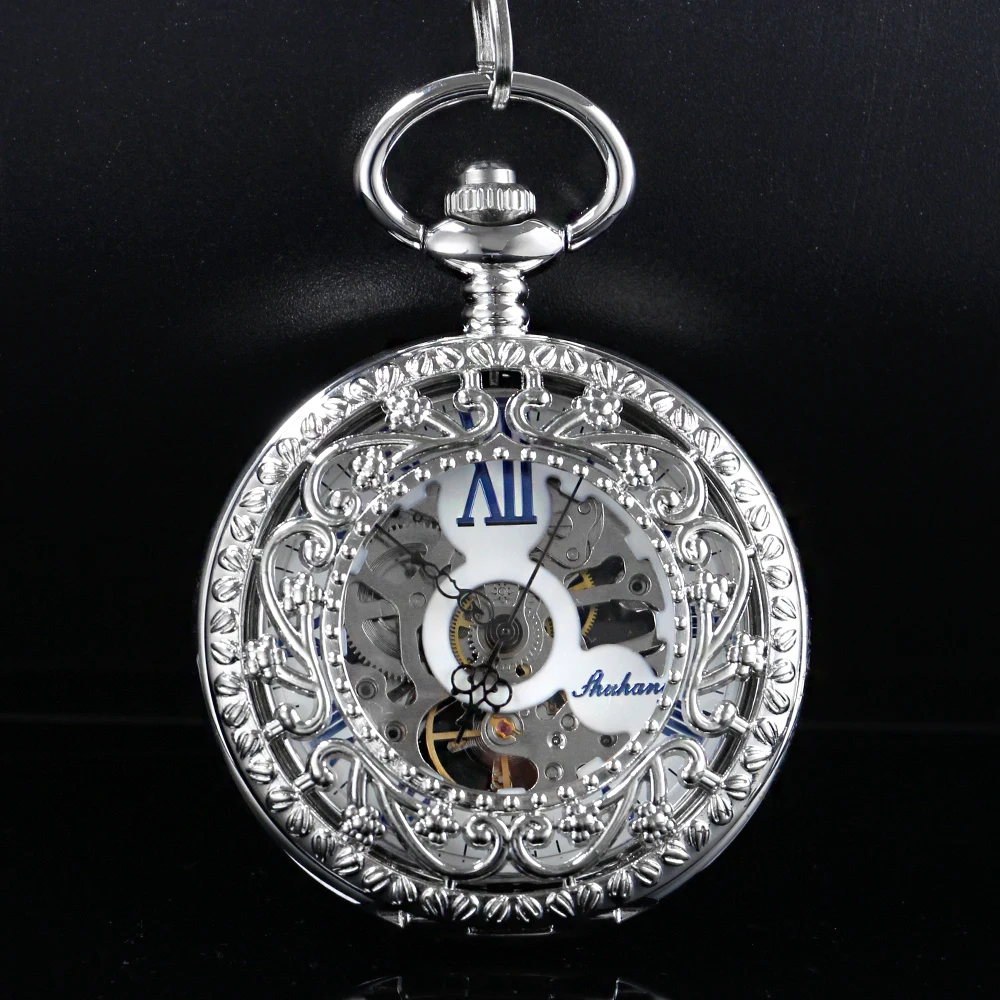 Silver Carved Hollow Mechanical Men's Watch Double Sided Roman Dial Clock Handwind Pocket Watch with FOB Chain Gift PJX1534