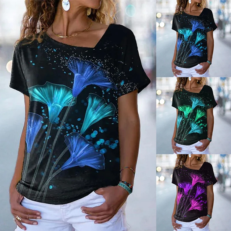 

2022 New Summer Women's Floral Theme Painting T Shirt Floral Print V Neck Basic Tops Abstract Fational Shirt Casual Streetwear