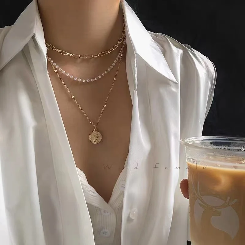 

925 Sterling Silver Triple Pearl Necklace Round Geometric Shape Pendant Shiny Choker Birthday Gift Women Jewelry Free Shipping