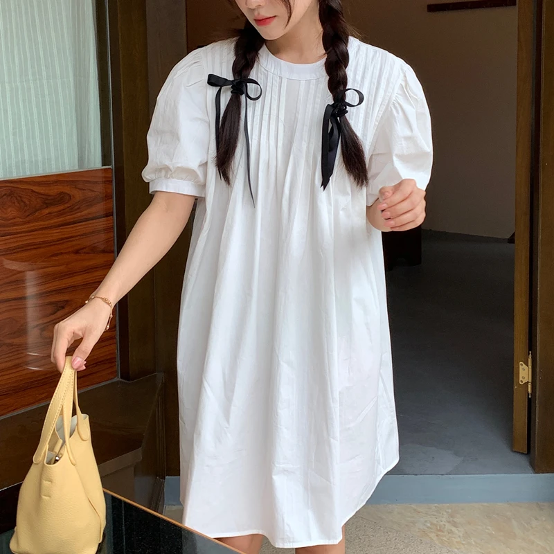 

SuperAen 2022 Summer Pleated Solid Single-breasted Puff Sleeve O-Neck A-LINE Knee-Length Dress for Women