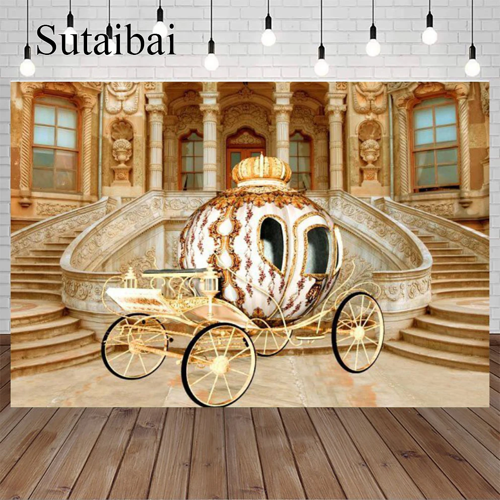 

Gold Princess Pumpkin Carriage Palace Castle Birthday Party Poster Banner Photo Backgrounds Photography Backdrop Studio