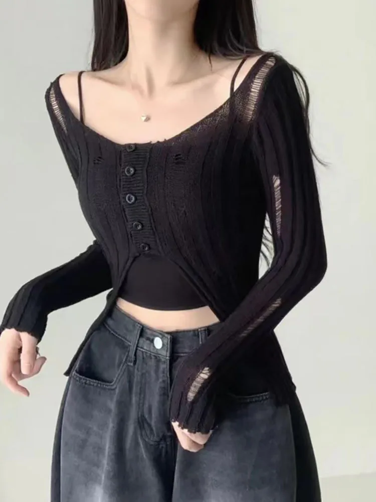 Женский трикотажный кардиган с дырками прозрачный тонкий свитер длинным рукавом