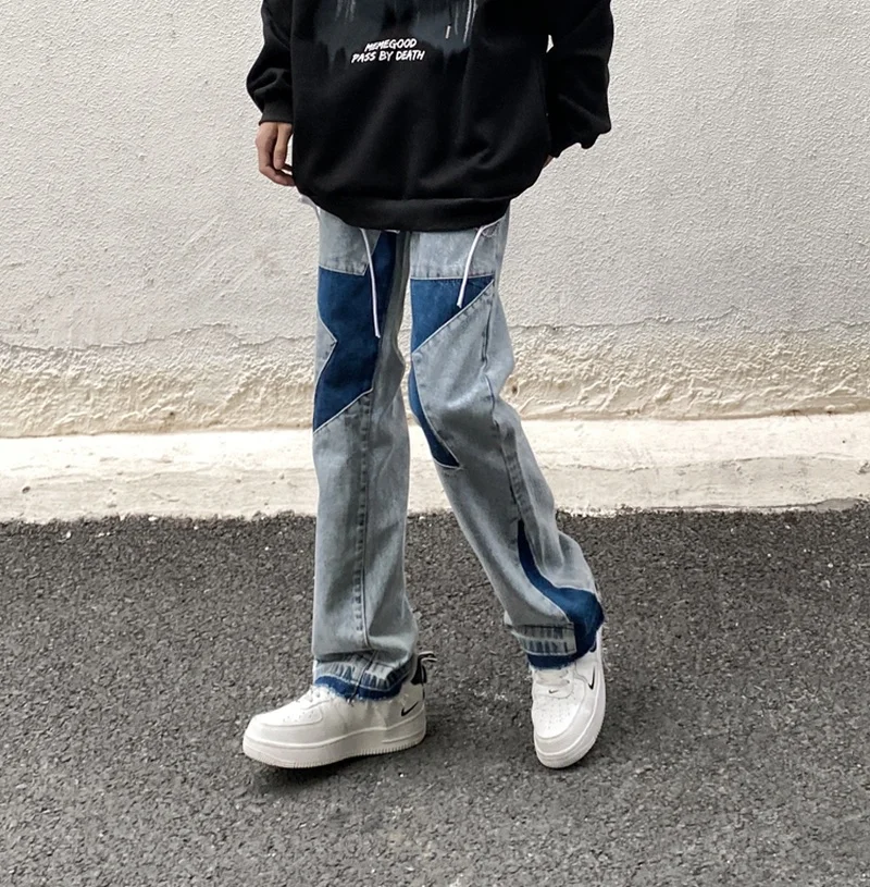 Jeans High Street Washed Old Jeans Men American Fashion Brand Five Points Star Stitching Loose Straight Couple Hip Hop Pants
