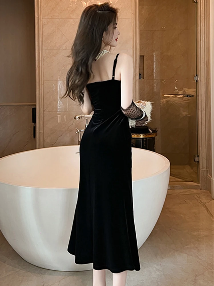 Женское длинное платье в стиле ретро сексуальное бархатное на бретельках с