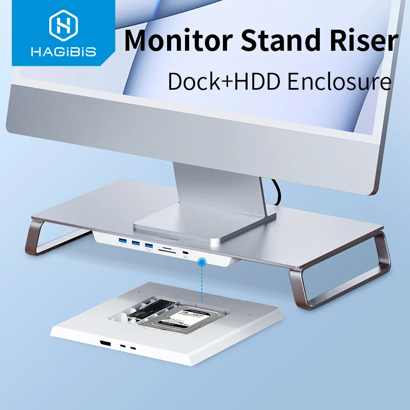 

Hagibis Monitor Stand Riser USB-C Hub with Dual Hard Drive Enclosure for Mac Mini M1 iMac 2021 Macbook Pro PC Laptop Desk Holder