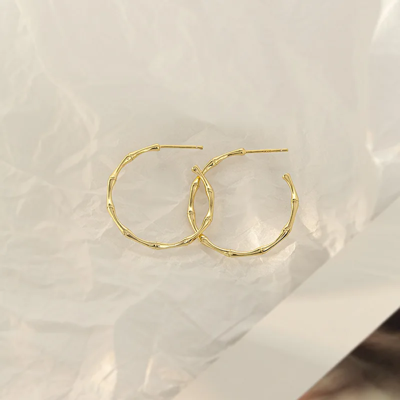 

DIC181 925 Sterling Silver Bamboo Shape C Shape Hoop Earrings Simple Minimalist Half Hoops Fine Jewelry for Women