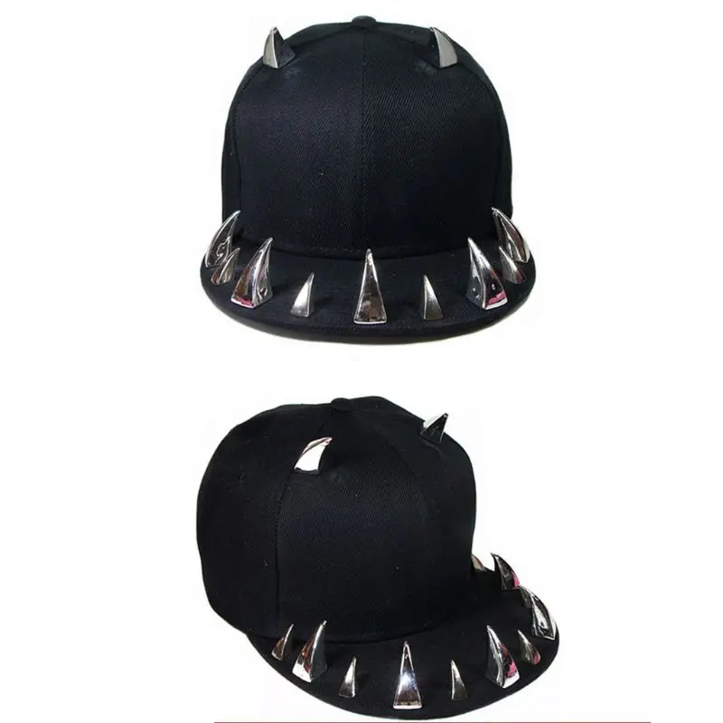 

Men Women Punk Gothic Ox Horn Rivets Baseball Hip Hop Street Flat-Brimmed Studs Adjsutable Snapback Hat Party Drop Shipping