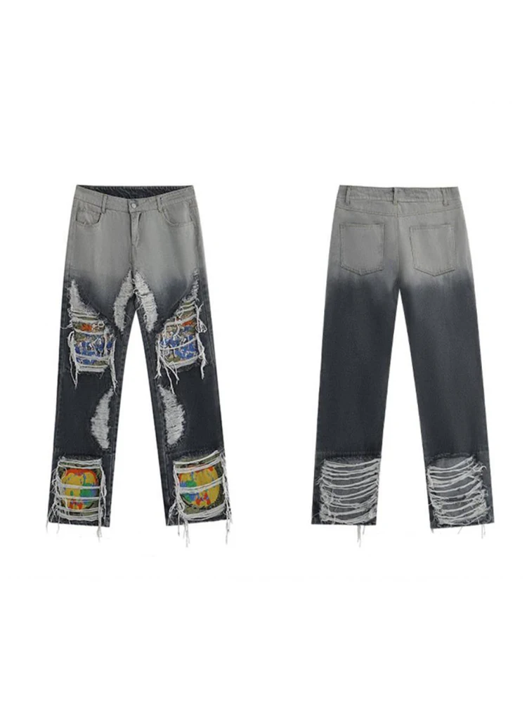 YIHANKE Y2K Embroidery Loose Jeans for Men  European and American High Street Style Washed Heavy Industry Brand Trousers Pants