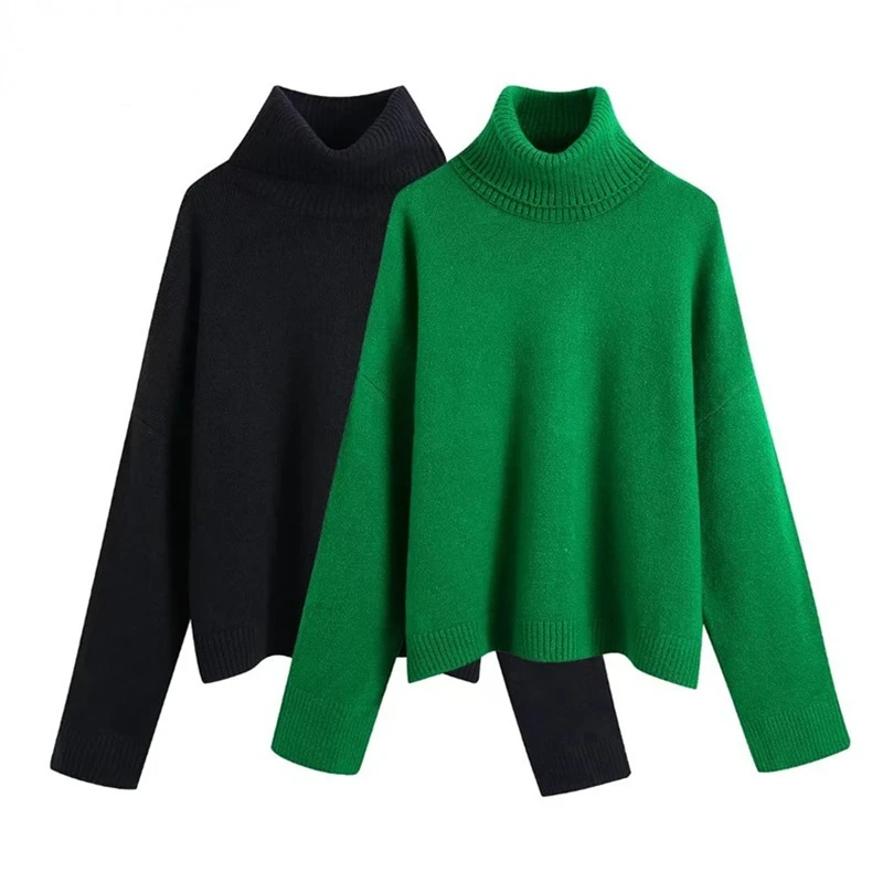

Women Fashion With Ribbed Trim Loose Knit Sweater Vintage High Neck Long Sleeve Female Pullovers Chic Tops