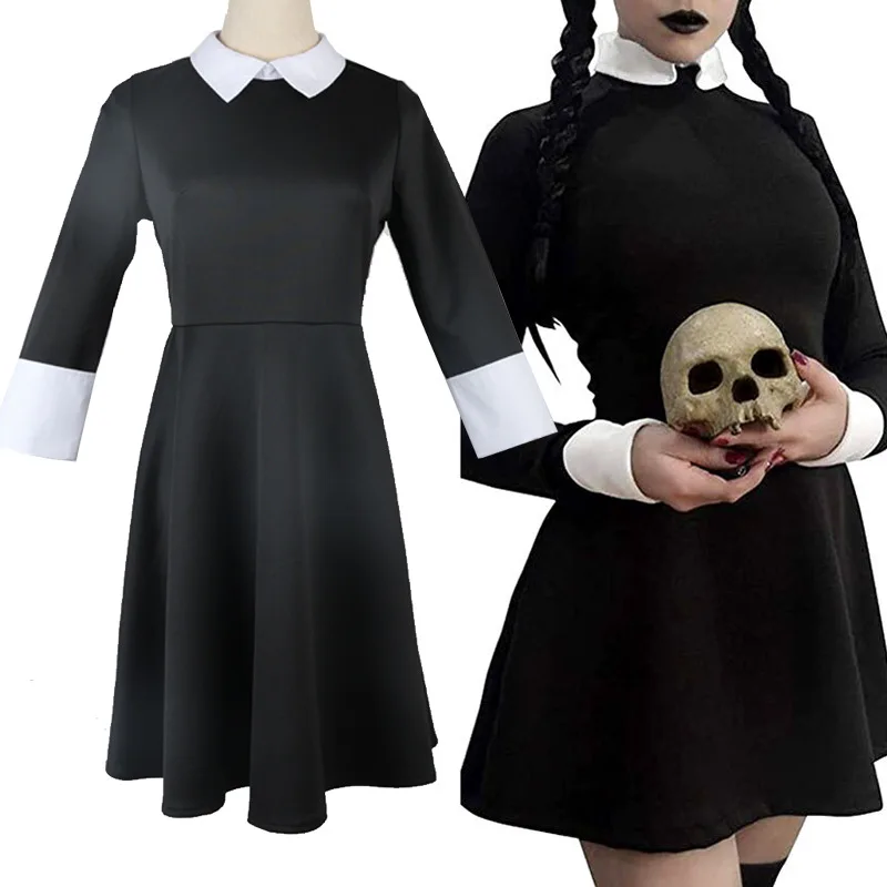

Hot 110-150 XS-3XL Wednesday Addams Cosplay Costume Black Fancy Dress Halloween Party Costume Women Girls Adult Child Dark Girl