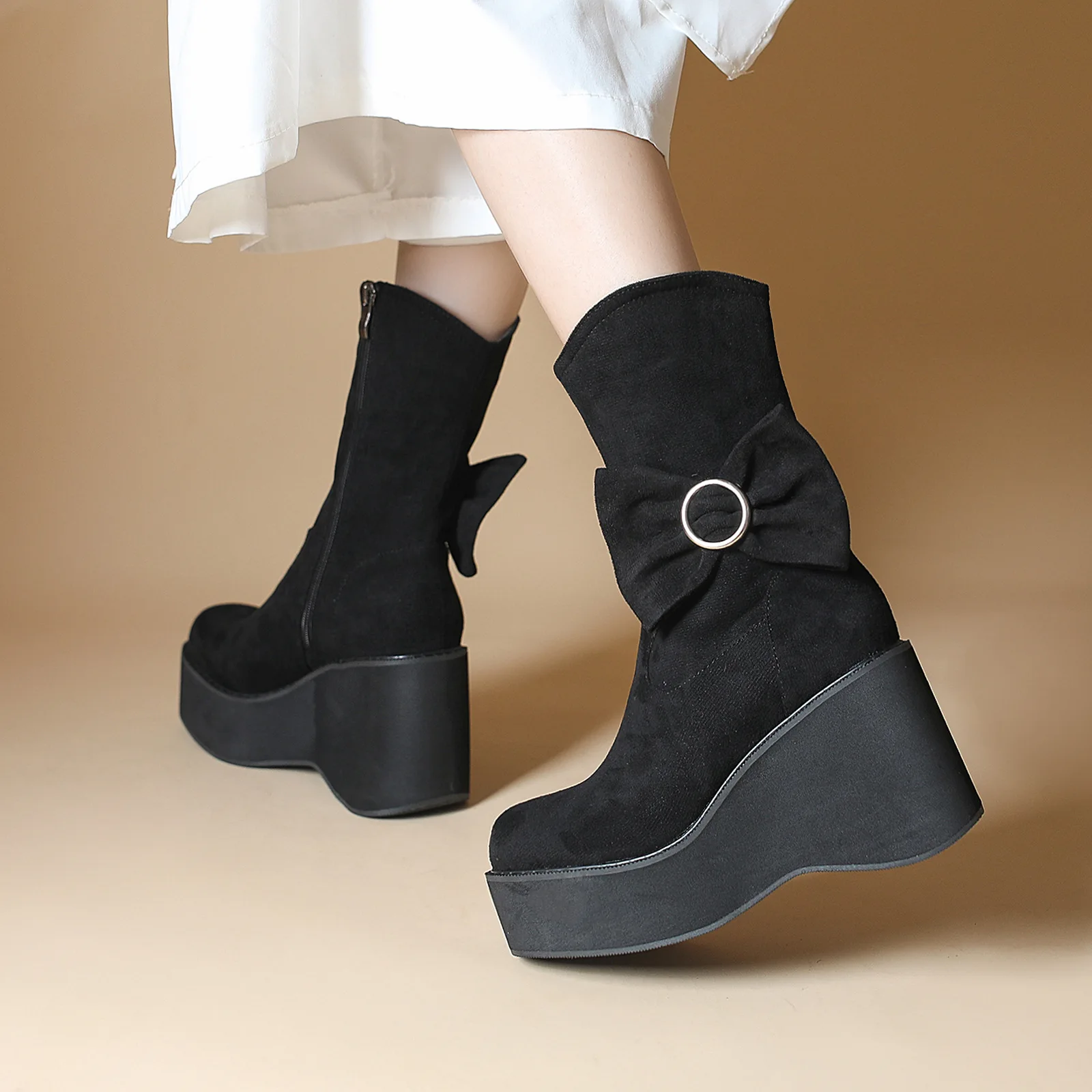 

Short Boots Autumn Black 8cm High Heel Wedges Boots Women Platform Shoes