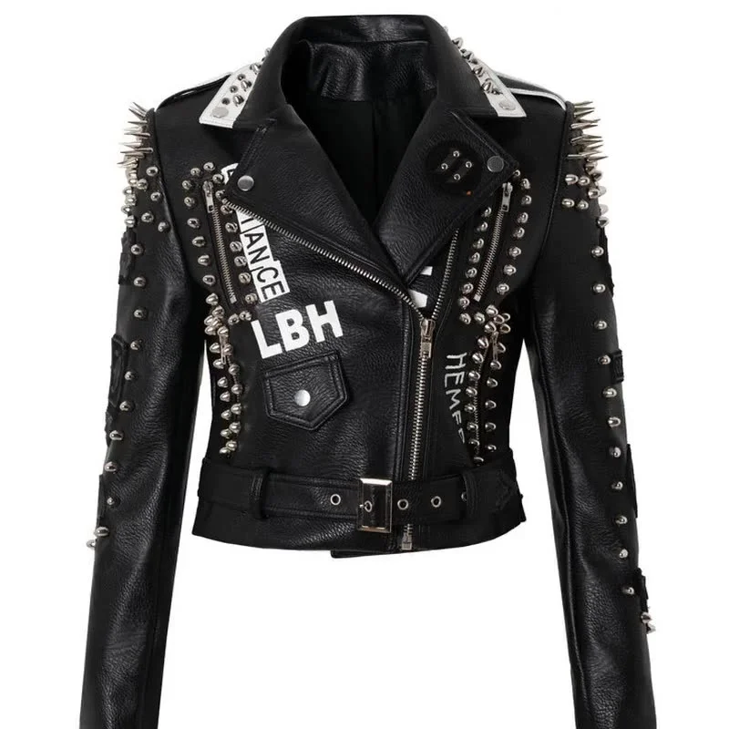 New Punk Rock And Roll Motorcycle Leather Clothes Women'S European And American Fashion Graffiti Rivet Jacket Coat Slim And