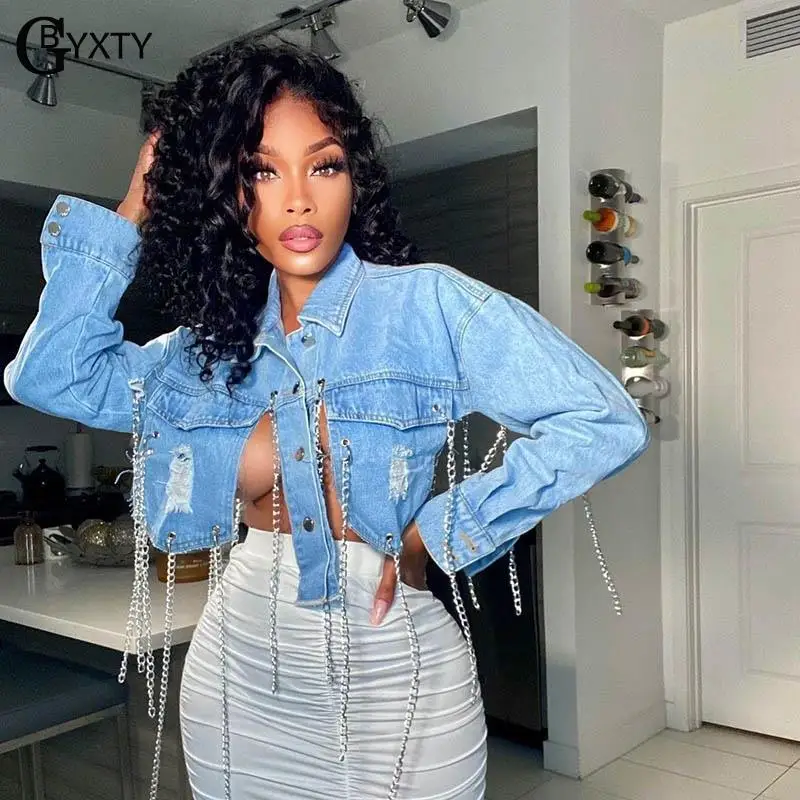 Женская джинсовая куртка GBYXTY Короткая свободная с потертостями и бахромой