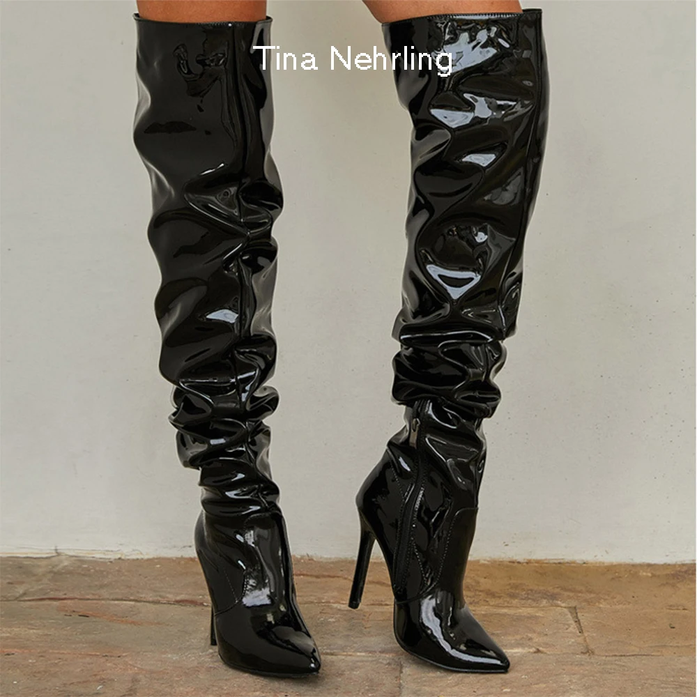 

Fashion Pointed Toe Zip Thigh High Lady Shoes High Quality Pleated Patent Leather Motorcycle Over The Knee Boots Women