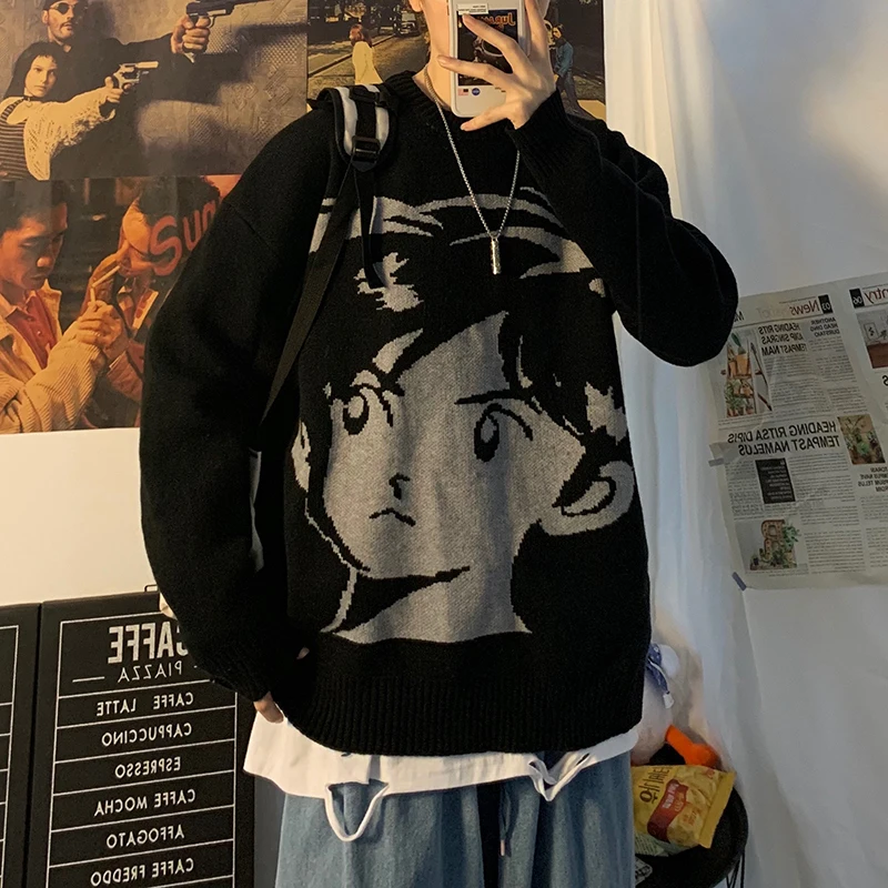 2021 New Harajuku Print Retro Street Style Sweater Autumn and Winter Loose Thick Warm Hip-hop Pullover Men's and Women's Tops