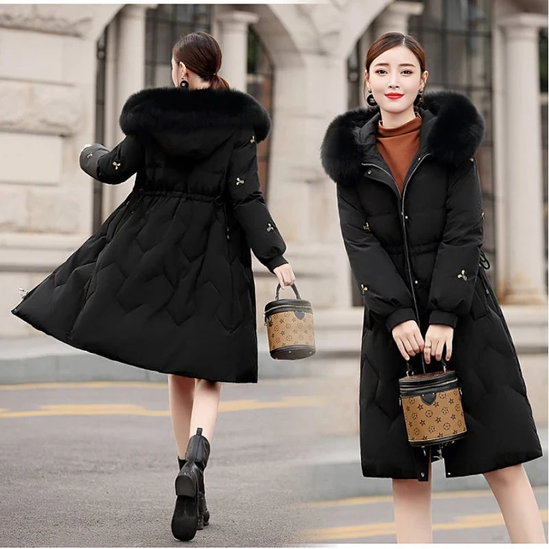 Woman Jacket Loose Washed Fashion Embroidery Cotton Coat Winter Clothes with Raccoon Fur Collar Thick Warm Hooded Female Parkas